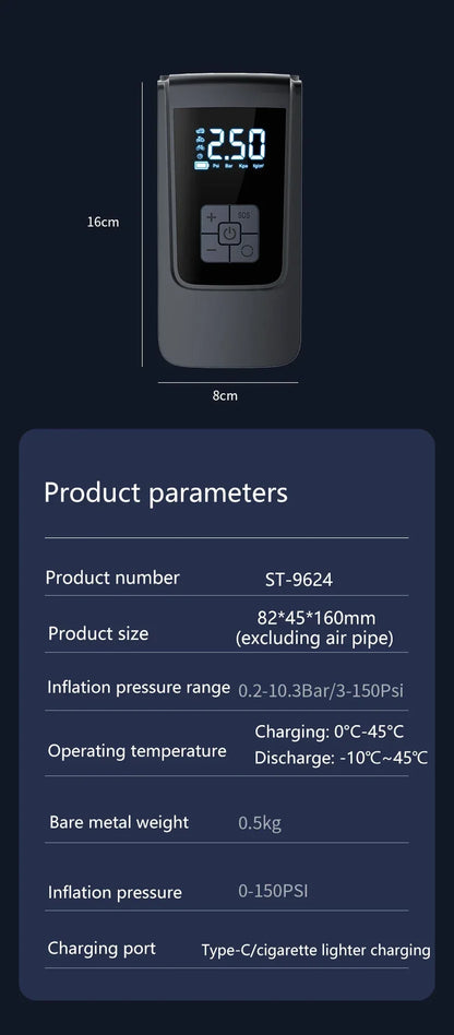Безжична автомобилна въздушна помпа, преносим въздушен компресор, електрически помпа за гуми с LCD дигитален дисплей за кола, мотоциклети, велосипедна топка